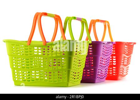 Three empty plastic shopping baskets isolated on white background Stock Photo