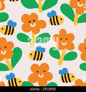 Funny bees and flowers seamless pattern. Vector naive characters in scandinavian hand-drawn cartoon style. Stock Vector