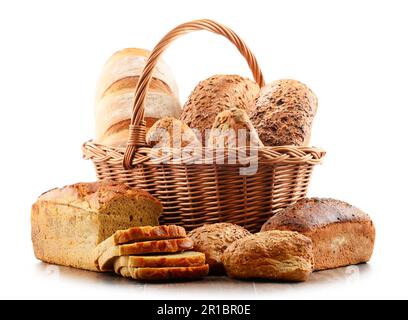 Wicker basket with assorted baking products isolated on white background Stock Photo