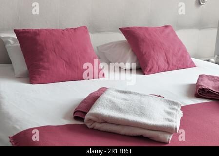 Double bed in hotel room. Accommodation Stock Photo