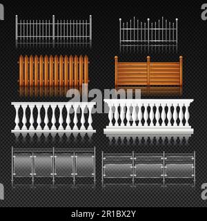 Balcony rail. Glass or wooden stairs handrails. Iron fence with banister and baluster. Door metal or steel stainless safety balustrade. Architecture e Stock Vector