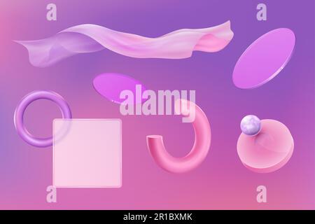 3D glass shapes. Abstract geometric elements. Squares and circles. Crystal ball objects. Round disc or sphere float. Flying silk cloth. Glossy gradien Stock Vector