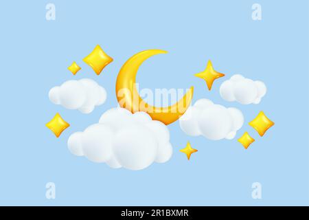 3d moon. Sleep baby clouds, dream gold icons, lullaby for insomnia, night or light day sky and stars, crescent and fluffy clouds, yellow stars. Celest Stock Vector
