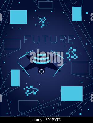 Future banner. Quadcopter and abstract neon shapes. Flying drone. Futuristic technologies. Outline blue cubes. Pixel simple figures. Innovation scienc Stock Vector