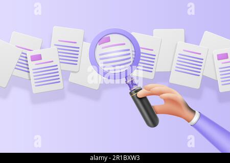 Magnified glass, many papers, hand hold optical tool. Employer looking for contract, cv search or review, information. Documents and files. Business c Stock Vector