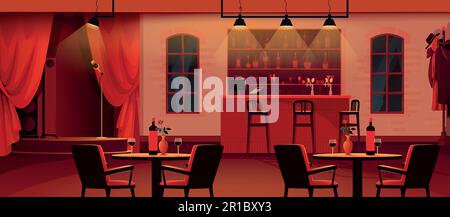 Cartoon bar interior. Restaurant or night club with jazz music. Pub counter. Cafe chairs and desks. Wine on tables. Singers stage. Empty cozy room. Ca Stock Vector