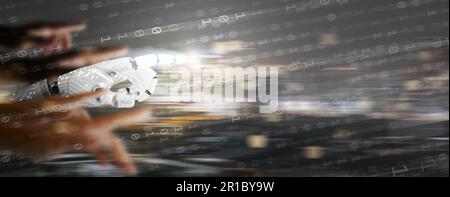 AI singularity. Robotic hand overtake human hands. The moment artificial intelligence exceeds beyond our control and rapidly transforms society result Stock Photo
