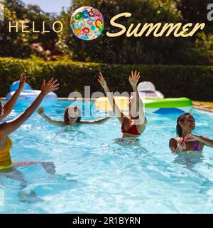 Pool Hello Sumer Composite of hello summer text and multiracial friends toasting drinks ...