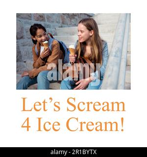 Composition of happy ice cream day text over diverse female friends eating ice cream Stock Photo