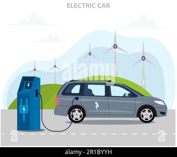 Electric car at charging station. EV concept Vector illustration. Electric car usage and green electricity production. Electrified future transportati Stock Vector