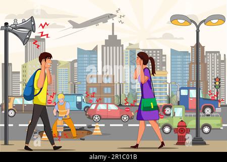Noise pollution and its cause vector illustration. People suffering from loud noisy city sound. Man and woman walking on the city street covering her Stock Vector