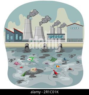 Water pollution concept vector illustration. Plastic Garbage in water. Plastic Bottles, Straws, Cups and other Trash Pollute the Water. plastic pollut Stock Vector