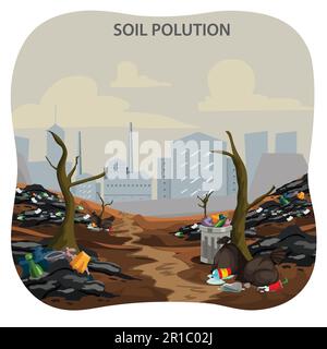 soil pollution by industrial production cartoon vector concept. Working plant, factory emitting smoke through chimneys, pouring toxic waste illustrati Stock Vector