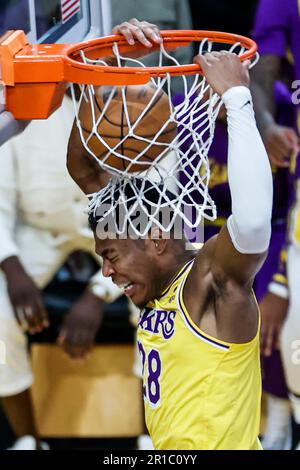 Los Angeles, California, USA. 12th May, 2023. Los Angeles Lakers forward Rui Hachimura (28) dunks against the Golden State Warriors during an NBA basketball Western Conference semifinal game 6 at Crypto.com Arena, Friday, May 12, 2023, in Los Angeles. (Credit Image: © Ringo Chiu/ZUMA Press Wire) EDITORIAL USAGE ONLY! Not for Commercial USAGE! Stock Photo