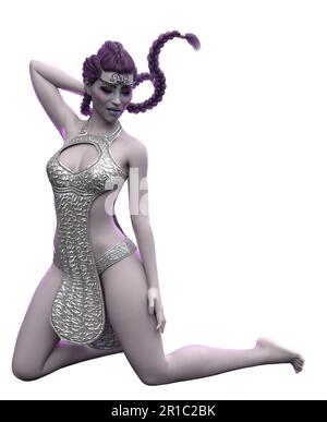 Fantasy girl with purple braided hair wear silver outfit, 3D Illustration. Stock Photo