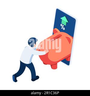 Flat 3d Isometric Businessman Push Piggy Bank into Smartphone. Online Money Saving and Financial Concept. Stock Vector