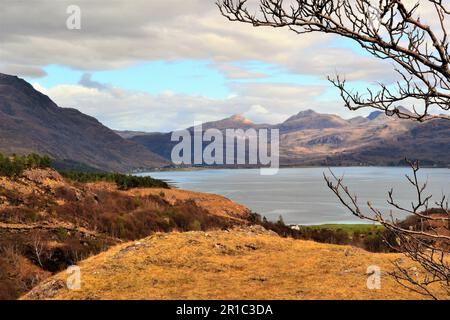 View of Loch Torridon in the West Highlands of Scotland with mountain range in the background. Stock Photo