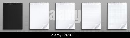 Realistic set of notebook mockups isolated on transparent background. Vector illustration of blank diary pages with folded corners. Top view of line, Stock Vector