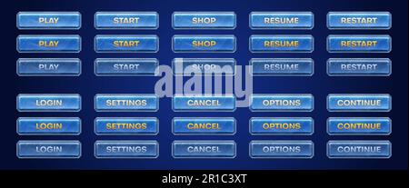 Vector game medieval button sprite set for animation. Play, start, continue and cancel click action popup frame on site or app. Isolated blue gui layo Stock Vector