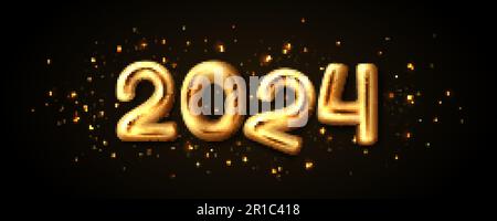 2024 gold 3d chrome letter glitter splatter design. Number font with twenty and four isolated element. Luxury shine alloy typography for greeting and Stock Vector