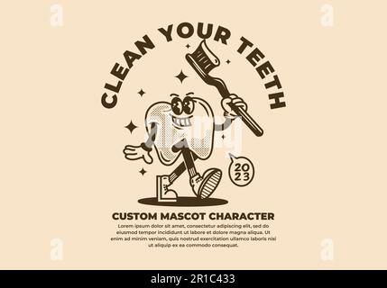 Vintage mascot character design of tooth holding a tooth brush Stock Vector