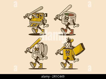 some mascot characters of polaroid camera, sushi roll, school bag and lighter in vintage style Stock Vector