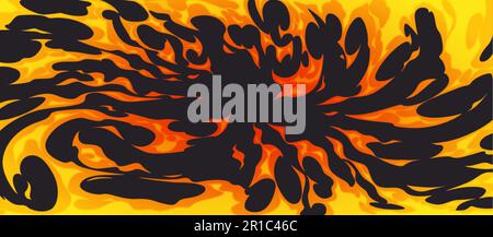 Comic fire on black background. Vector cartoon illustration of flame burning in orange yellow colors. Bomb explosion, wildfire perspective view, cloud Stock Vector