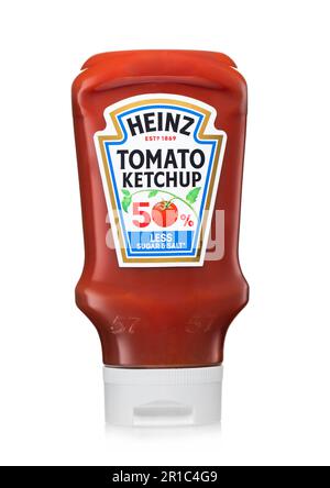 LONDON,UK - APRIL 11, 2023 : Heinz ketchup 50 percent less salt and sugar on white. Stock Photo