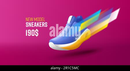 New collection sneakers shoe advertising promo banner with 3d shoe with dynamic fast movement blurred stripes and price Stock Vector