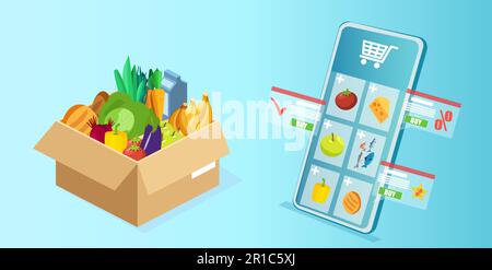 Isometric vector of an online grocery shopping app on smartphone and groceries in a box Stock Vector