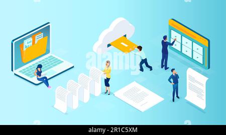 Vector of office people managing data files using cloud services Stock Vector