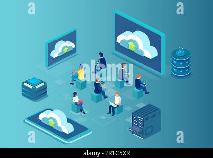 Vector of a group of people using computers and cloud services Stock Vector