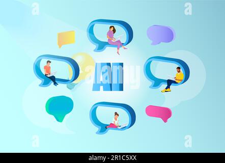 Vector of young people chatting with AI chat bot and getting answers to questions Stock Vector