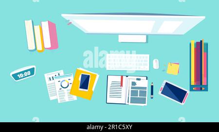 Top view of an office desk with desktop computer, books, phone and office items Stock Vector