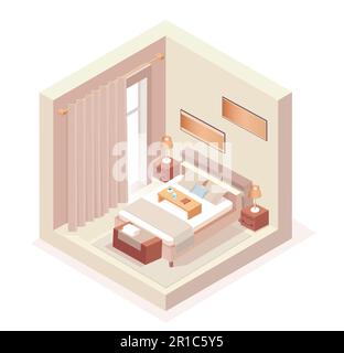 Isometric vector of a bedroom interior wuth bed and night stand lamps. Stock Vector