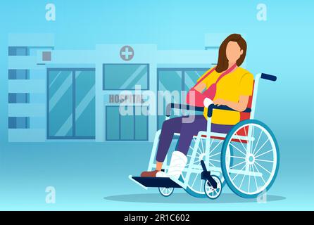 Vector of a sad young woman with leg and arm fracture sitting in a wheelchair on a hospital background Stock Vector