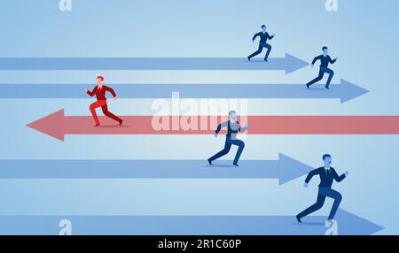 Vector of a group of businessmen running in one direction and one businessman in opposite Stock Vector