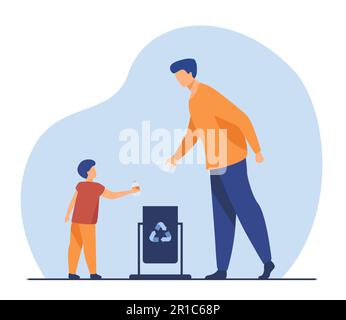 Father and son throwing out empty bottles to trash bin Stock Vector