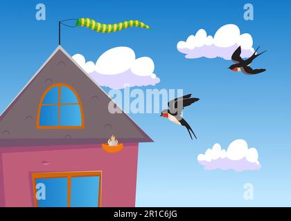 Two cartoon swallows flying to their nest Stock Vector