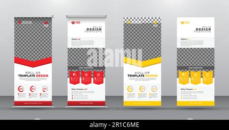 Red and Yellow Advertising Roll-up Banner Design Vertical Template. vector, abstract geometric background, modern x-banner and flag-banner. Stock Vector