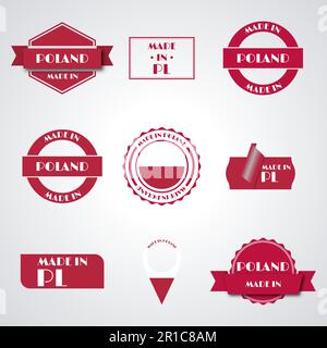 Set of various Made in Poland labels isolated on white background, vector illustration. Stock Vector