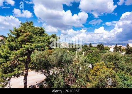 Remote view of the temple of Hephaestus in Ancient Agora, Athens, Greece. The Temple of Hephaestus is the best preserved ancient temple in Greece. It Stock Photo