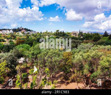 Remote view of the temple of Hephaestus in Ancient Agora, Athens, Greece. The Temple of Hephaestus is the best preserved ancient temple in Greece. It Stock Photo