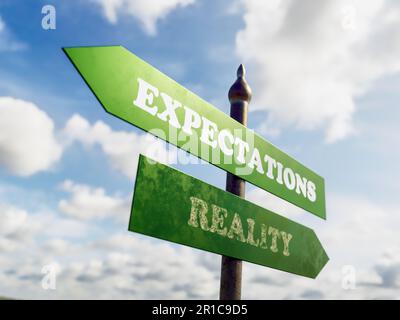 3D rendering of Expectations vs Reality road signpost against the cloudy sky Stock Photo