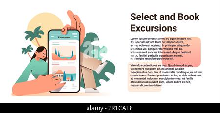 woman selecting and booking excursions in mobile app on smartphone screen tour personal guide selection concept Stock Vector