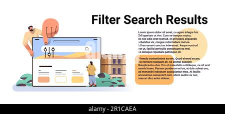people using filtering service online application on laptop screen filter search result grouping and sorting concept Stock Vector