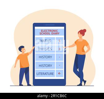 Tiny mother watching electronic school diary Stock Vector