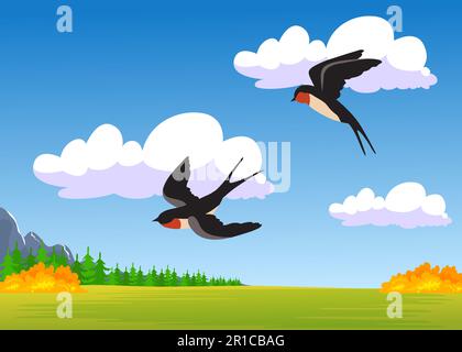 Two cartoon swallows flying over autumn field Stock Vector