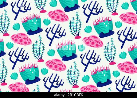 Seamless pattern of seashells, sea flowers, seaweed and coral on a white background Stock Vector