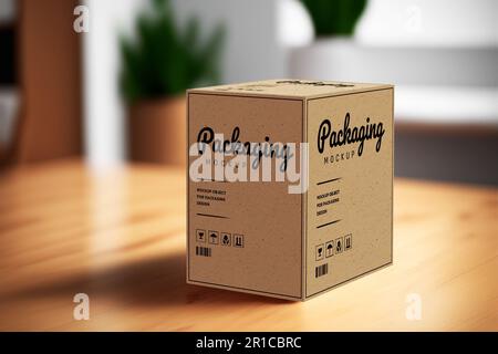 Product cubic box mockup - Realistic brown carton package with copy space Stock Photo